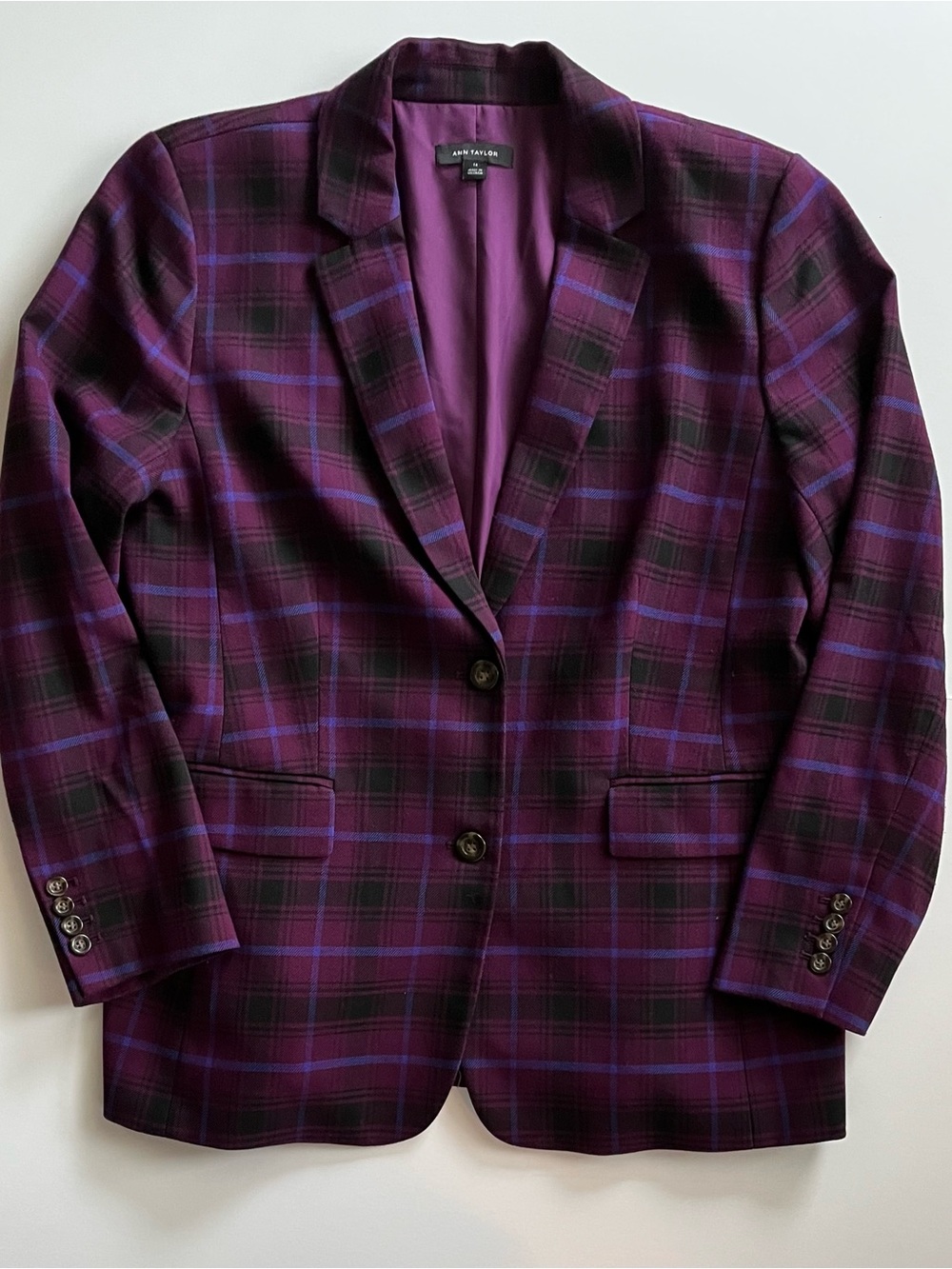 Ann Taylor Plaid Blazer in Plum and Black